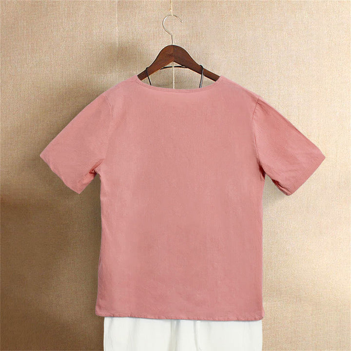 Buddha Stones Casual Summer Pure Color Jacquard Button Crew Neck Women's Short Sleeve T-Shirt - image 36