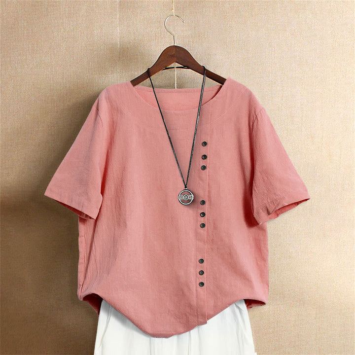 Buddha Stones Casual Summer Pure Color Jacquard Button Crew Neck Cotton Women's Short Sleeve T-Shirt - Salmon - US18，UK/AU22，EU50 (5XL) - image 35