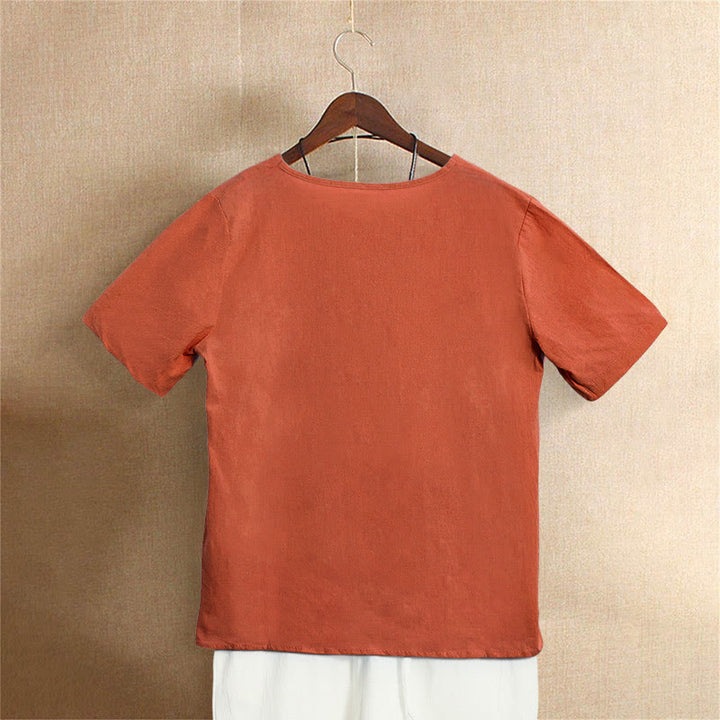Buddha Stones Casual Summer Pure Color Jacquard Button Crew Neck Cotton Women's Short Sleeve T-Shirt - image 46