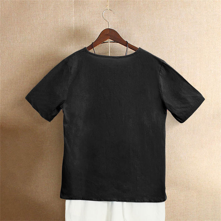 Buddha Stones Casual Summer Pure Color Jacquard Button Crew Neck Cotton Women's Short Sleeve T-Shirt - image 51