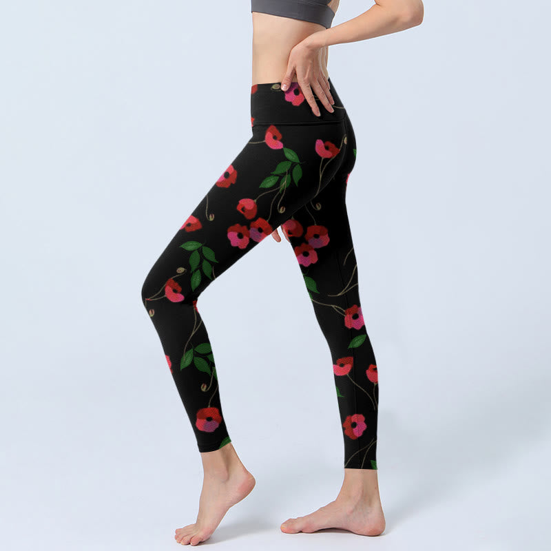 Buddha Stones Vibrant Red Flowers Green Leaves Print Gym Leggings Women's Yoga Pants - image 2
