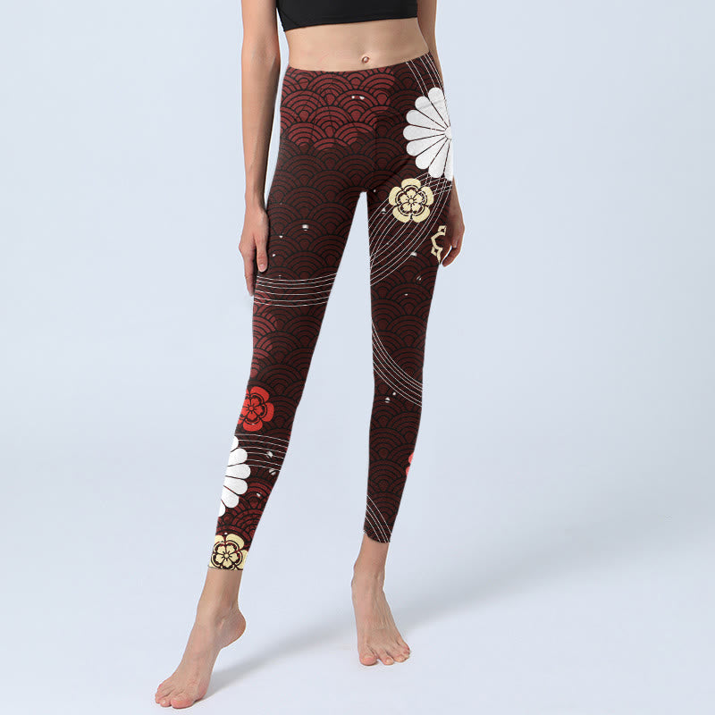 Buddha Stones Reddish-brown Floral Fan-shaped Wave Print Gym Leggings Women's Yoga Pants - image 5
