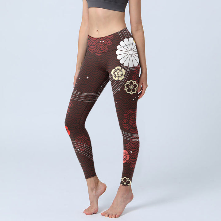 Buddha Stones Reddish-brown Floral Fan-shaped Wave Print Gym Leggings Women's Yoga Pants - SaddleBrown - US18，UK/AU22，EU50 (4XL) - image 0