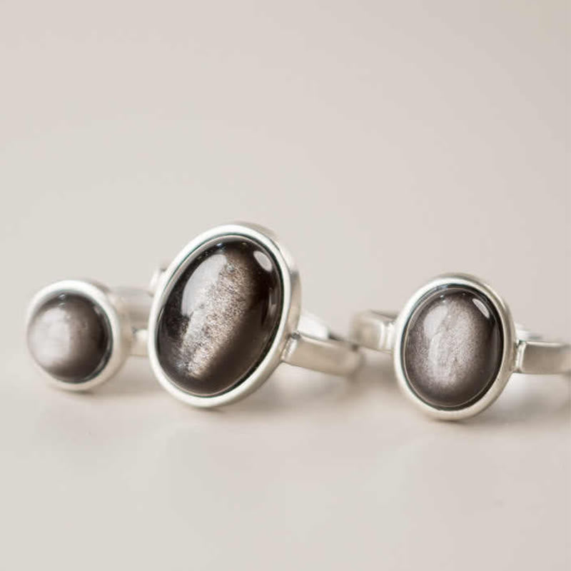 Buddha Stones Natural 925 Sterling Silver Silver Sheen Obsidian Adjustable Protection Ring - image 12