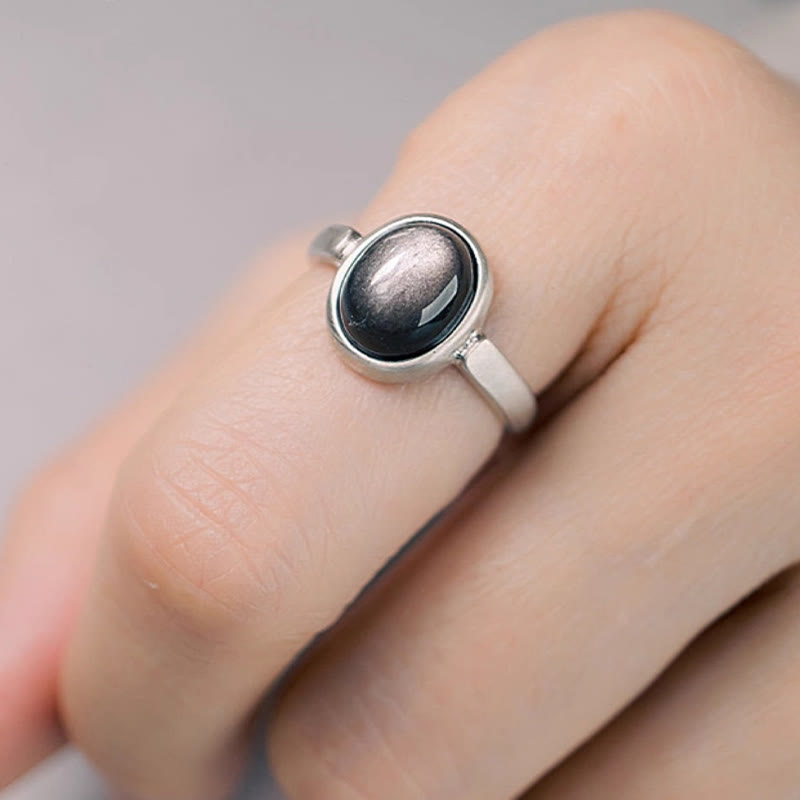 Buddha Stones Natural 925 Sterling Silver Silver Sheen Obsidian Adjustable Protection Ring - image 1