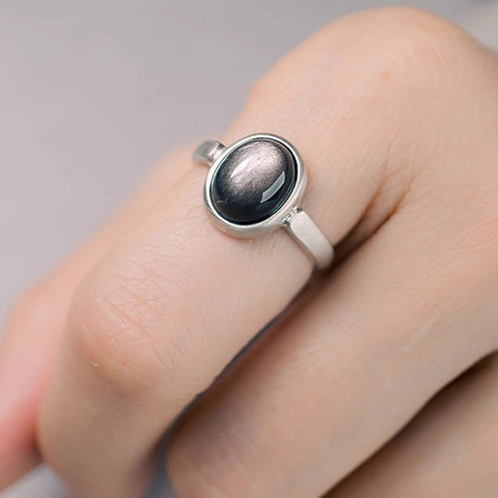 Buddha Stones Natural 925 Sterling Silver Silver Sheen Obsidian Adjustable Protection Ring - image 1