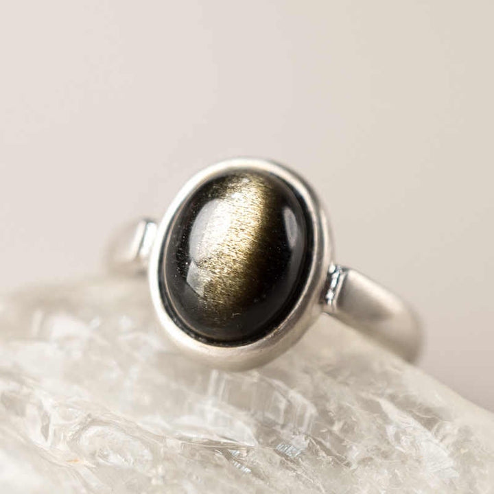 Buddha Stones Natural 925 Sterling Silver Gold Sheen Obsidian Adjustable Wealth Ring - B Style(About 14*12mm) - image 0