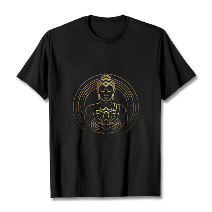 Buddha Stones Golden Buddha Holding A Lotus Flower Tee T-shirt - Black - 2XL - image 4