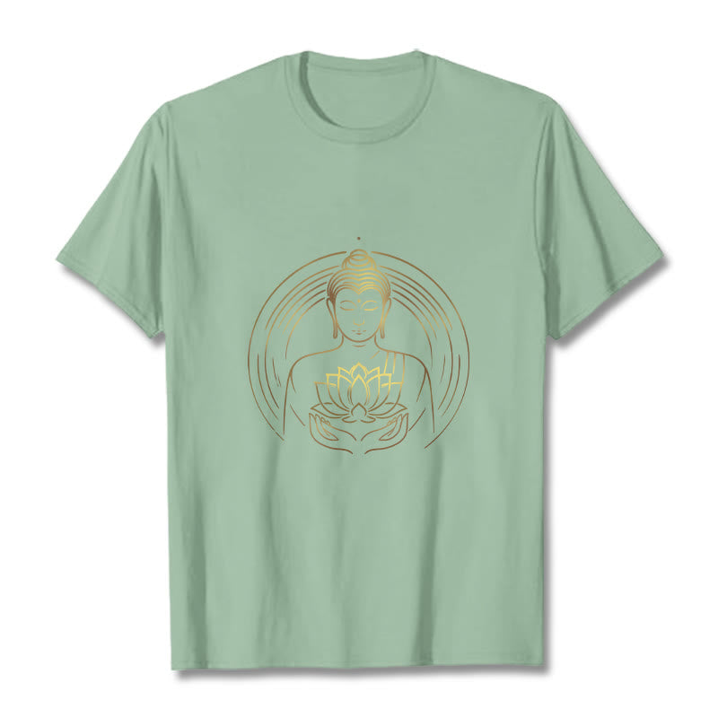 Buddha Stones Golden Buddha Holding A Lotus Flower Tee T-shirt - PaleGreen - 2XL - image 14