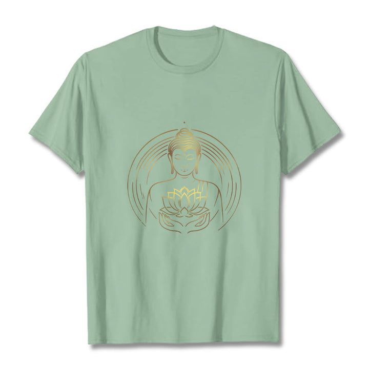 Buddha Stones Golden Buddha Holding A Lotus Flower Tee T-shirt - PaleGreen - 2XL - image 14