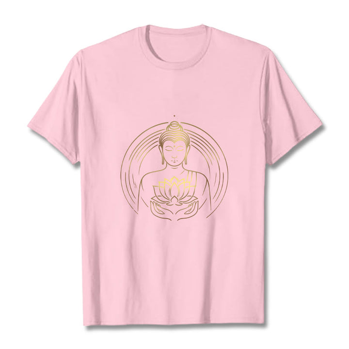 Buddha Stones Golden Buddha Holding A Lotus Flower Tee T-shirt - LightPink - 2XL - image 12