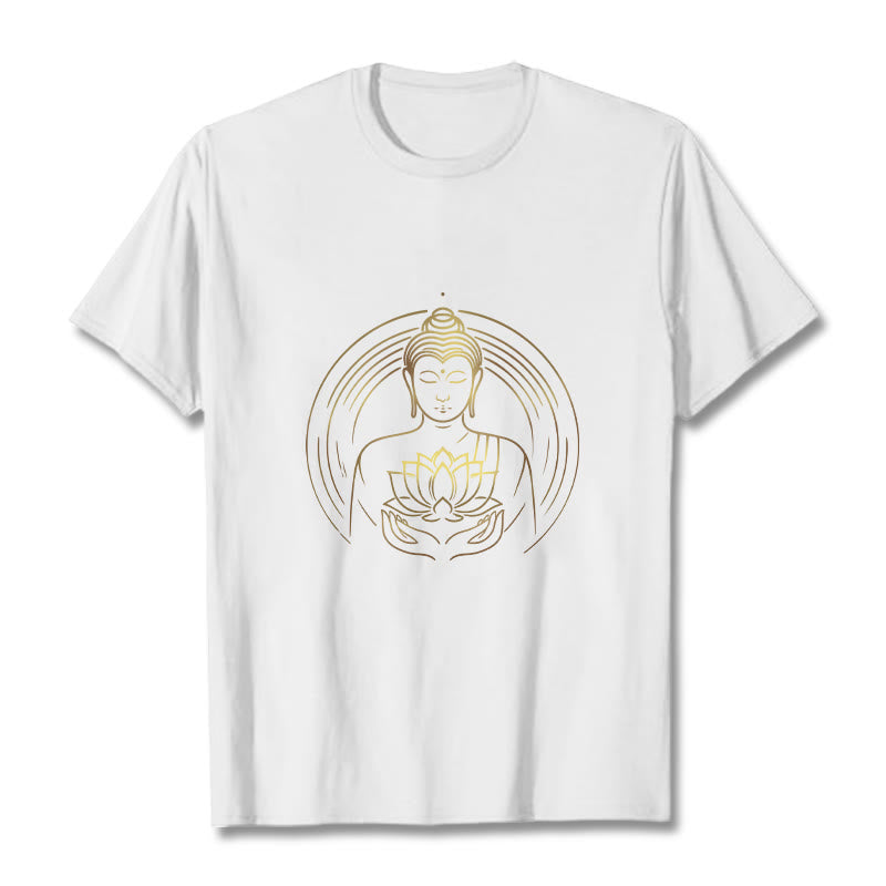 Buddha Stones Golden Buddha Holding A Lotus Flower Tee T-shirt - White - 2XL - image 0