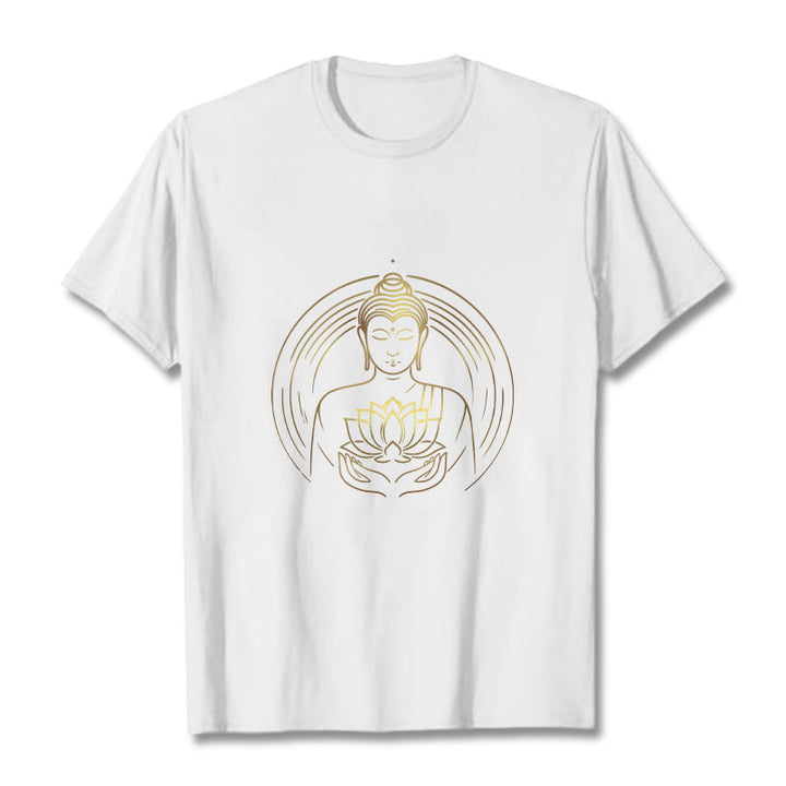 Buddha Stones Golden Buddha Holding A Lotus Flower Tee T-shirt - White - 2XL - image 0