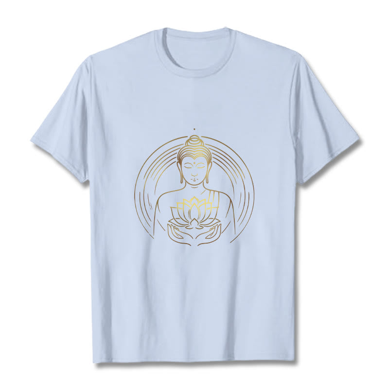 Buddha Stones Golden Buddha Holding A Lotus Flower Tee T-shirt - LightCyan - 2XL - image 18
