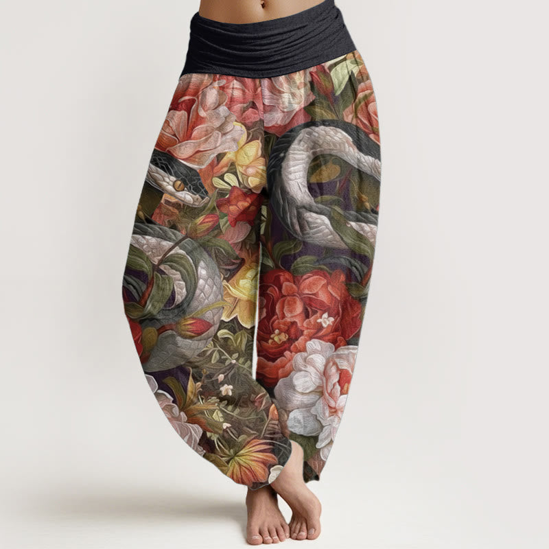 Buddha Stones Pure Cotton Snake Peony Flowers Leaf Pattern Women's Elastic Waist Harem Pants - Black - US22，UK/AU26，EU54 (6XL) - image 0
