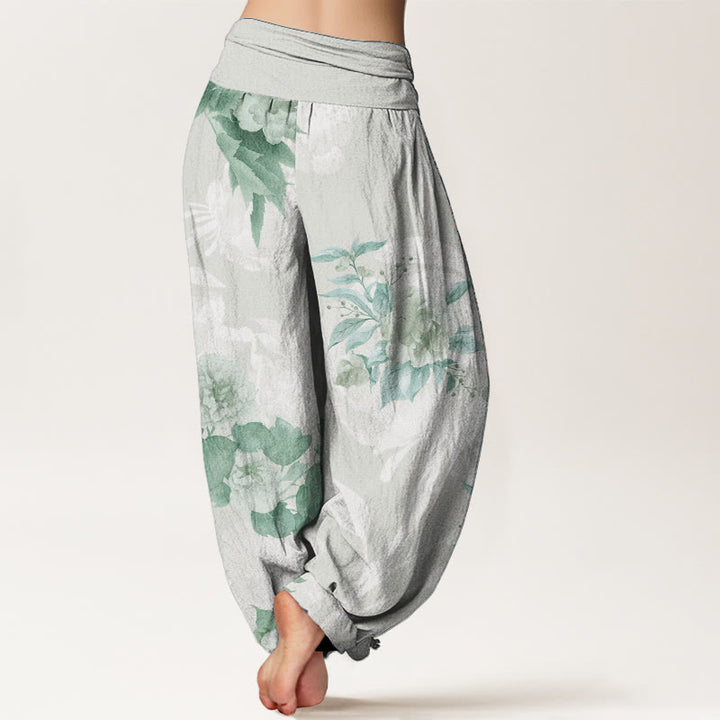 Buddha Stones Pure Cotton Flowers White Leaves Women's Elastic Waist Harem Pants - image 6