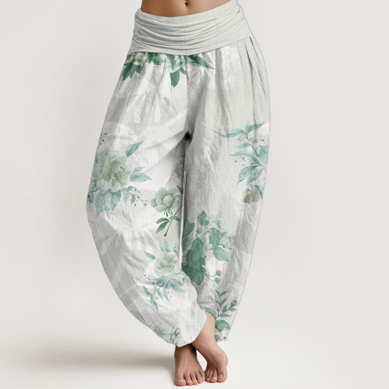 Buddha Stones Pure Cotton Flowers White Leaves Women's Elastic Waist Harem Pants - Honeydew - US22，UK/AU26，EU54 (6XL) - image 5
