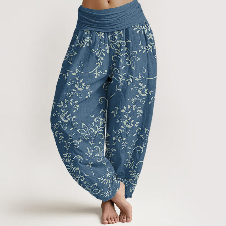 Buddha Stones Pure Cotton Casual Flowers Vine Design Women's Elastic Waist Harem Pants - CornflowerBlue - US22，UK/AU26，EU54 (6XL) - image 0