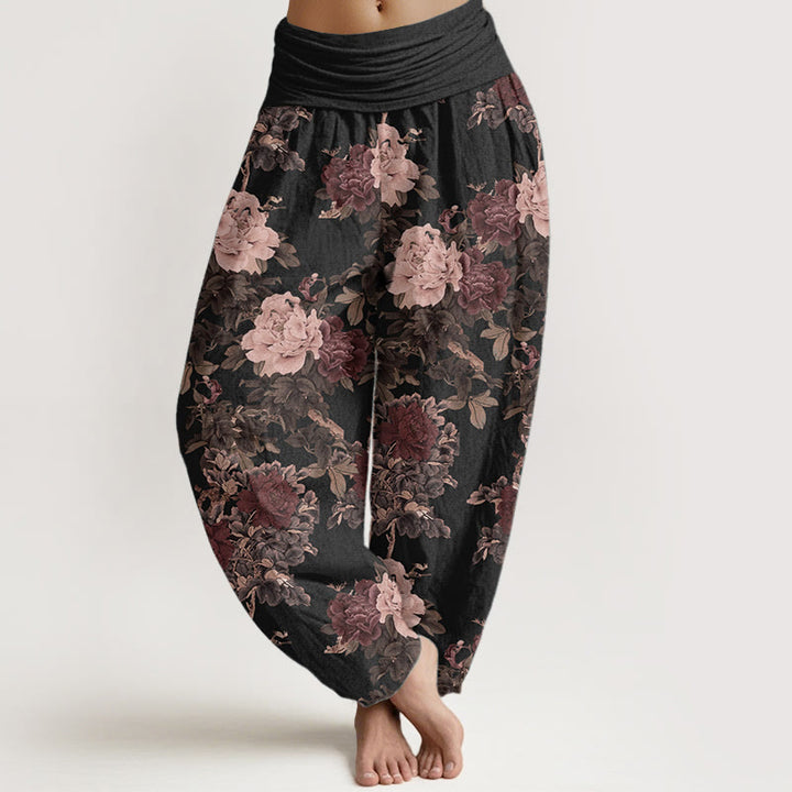 Buddha Stones Pure Cotton Casual Lush Peony Flowers Leaf Pattern Women's Elastic Waist Harem Pants - Black - US22，UK/AU26，EU54 (6XL) - image 0