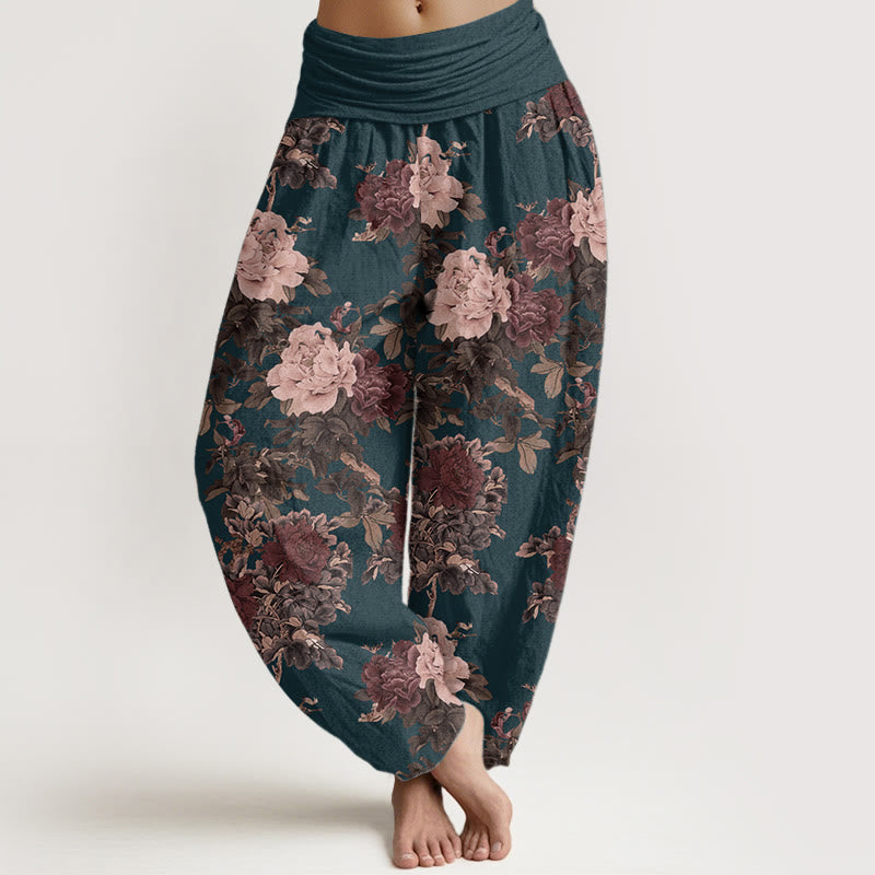 Buddha Stones Pure Cotton Casual Lush Peony Flowers Leaf Pattern Women's Elastic Waist Harem Pants - SteelBlue - US22，UK/AU26，EU54 (6XL) - image 8