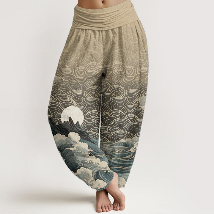 Buddha Stones Pure Cotton Casual Wave Moon Mountain Pattern Women's Elastic Waist Harem Pants - Wheat - US22，UK/AU26，EU54 (6XL) - image 8