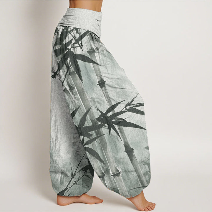 Buddha Stones Pure Cotton Casual Bamboo Leaves Dragonfly Pattern Women's Elastic Waist Harem Pants - image 2