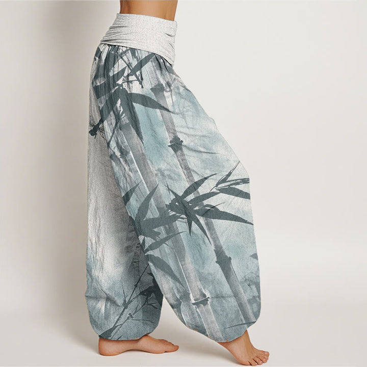 Buddha Stones Pure Cotton Casual Bamboo Leaves Dragonfly Pattern Women's Elastic Waist Harem Pants - image 11