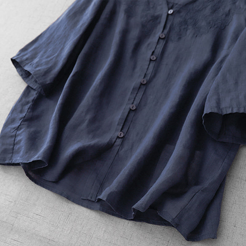 Buddha Stones Artistic Pure Color Embroidered Front Button Design Women's Cotton Half Sleeve Shirt - image 24