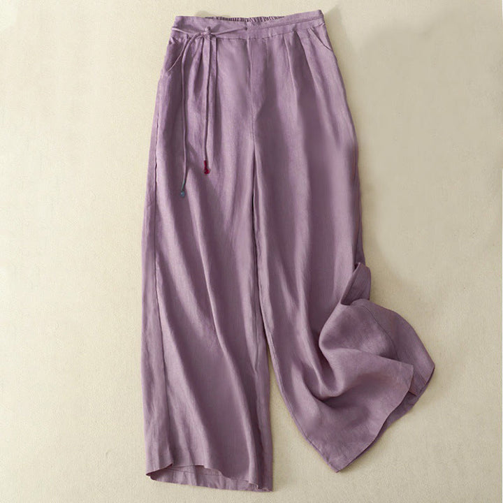 Buddha Stones Spring Casual Solid Color Drawstring Design  Women's Cotton Linen 7-8 Length Wide Leg Pants With Pockets - MediumOrchid - US8-10，UK/AU12-14，EU40-42 (2XL) - image 0