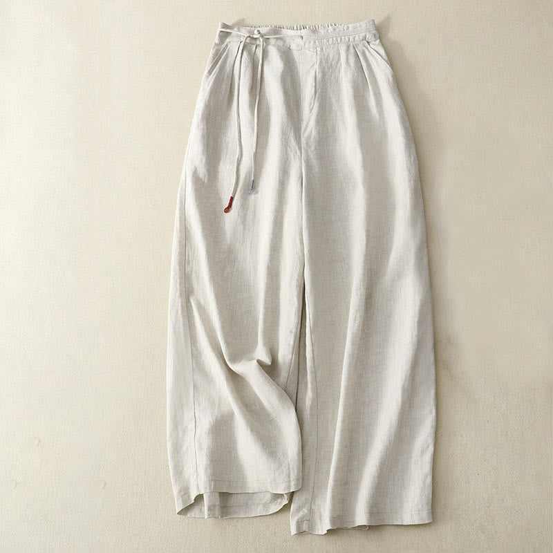 Buddha Stones Spring Casual Solid Color Drawstring Design  Women's Cotton Linen 7-8 Length Wide Leg Pants With Pockets - Beige - US8-10，UK/AU12-14，EU40-42 (2XL) - image 10