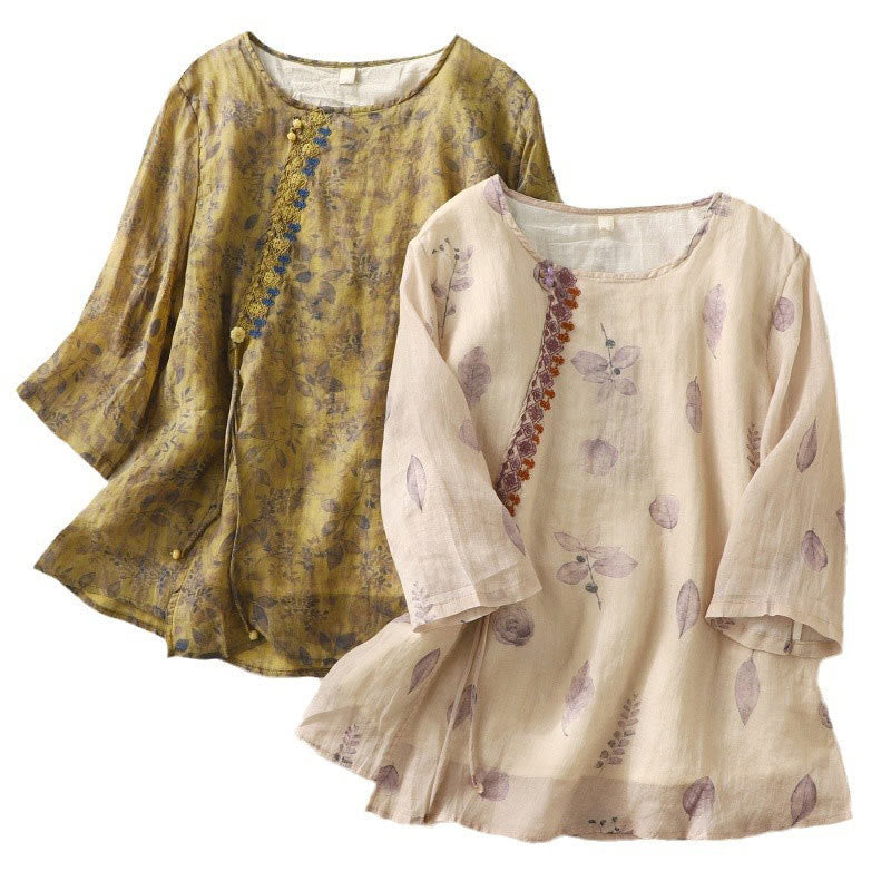 Buddha Stones Embroidery Design Leaves Women's Cotton Linen Three Quarter Sleeve Shirt - image 20