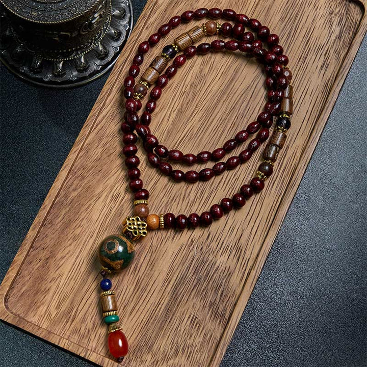 Buddha Stones Tibetan Handmade Wenge Wood Protection Dzi Bead Elephant Head Necklace Pendant - Wenge Wood&Three-eyed Dzi Bead - image 0