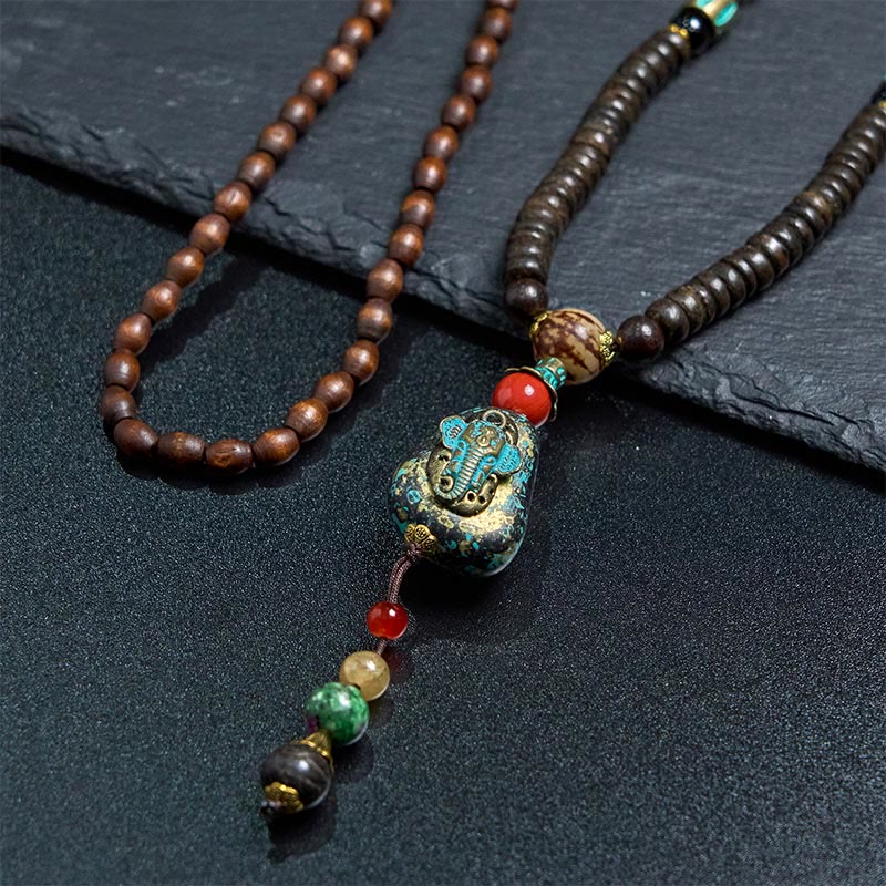 Buddha Stones Tibetan Handmade Wenge Wood Protection Dzi Bead Elephant Head Necklace Pendant - image 11