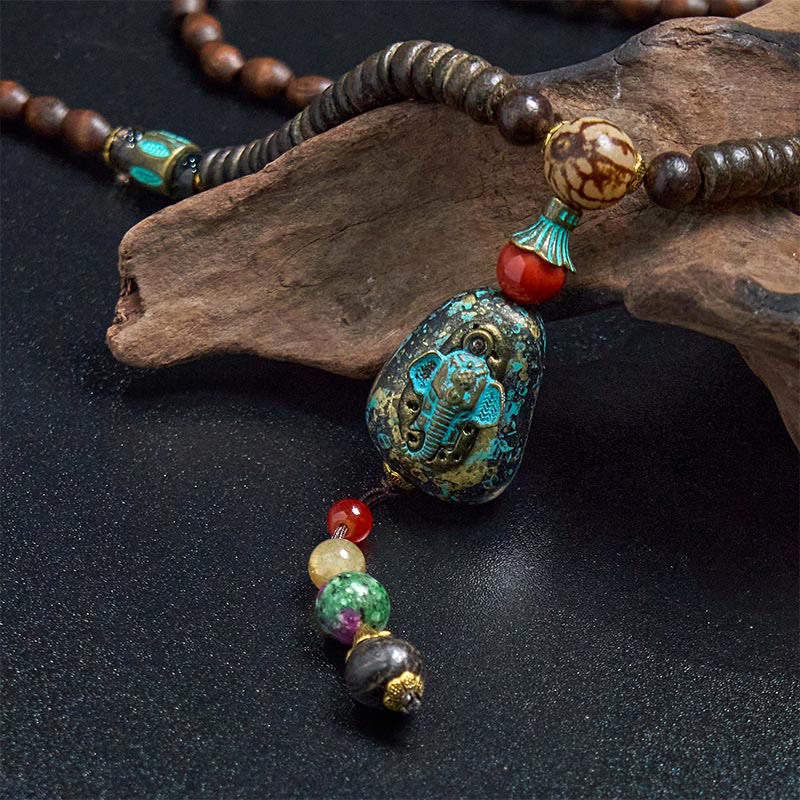 Buddha Stones Tibetan Handmade Wenge Wood Protection Dzi Bead Elephant Head Necklace Pendant - image 12