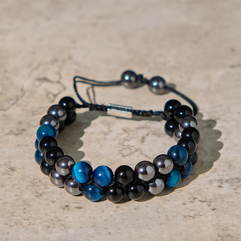 Buddha Stones Natural Blue Tiger Eye Black Magnetite Black Obsidian Double Row Beads Protection Bracelet - Blue Tiger Eye&Black Obsidian&Black Magnetite (Wrist Circumference: 16-24cm) - image 0