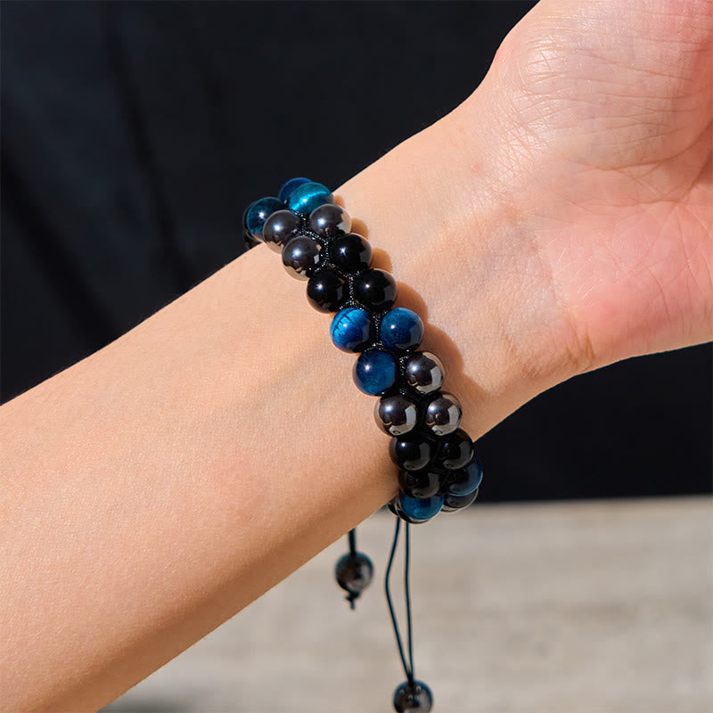 Buddha Stones Natural Blue Tiger Eye Black Magnetite Black Obsidian Double Row Beads Protection Bracelet - image 3