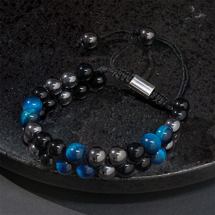 Buddha Stones Natural Blue Tiger Eye Black Magnetite Black Obsidian Double Row Beads Protection Bracelet - image 1