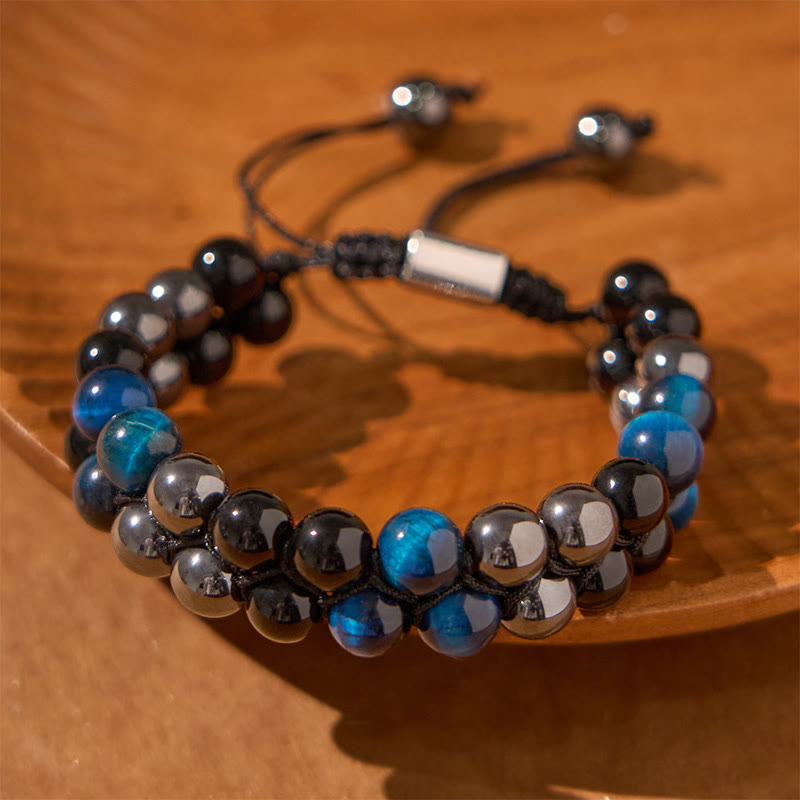 Buddha Stones Natural Blue Tiger Eye Black Magnetite Black Obsidian Double Row Beads Protection Bracelet - image 2