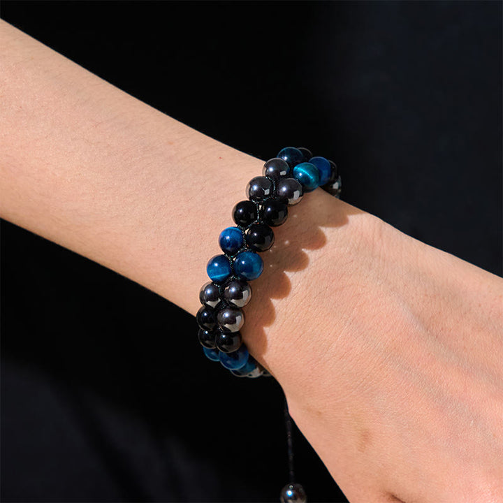 Buddha Stones Natural Blue Tiger Eye Black Magnetite Black Obsidian Double Row Beads Protection Bracelet - image 4