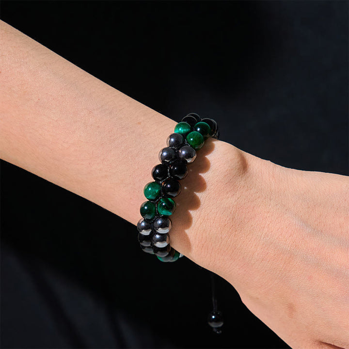 Buddha Stones Natural Green Tiger Eye Black Magnetite Black Obsidian Double Row Beads Positive Bracelet - image 3