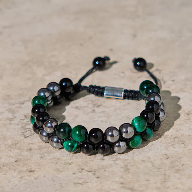 Buddha Stones Natural Green Tiger Eye Black Magnetite Black Obsidian Double Row Beads Positive Bracelet - Green Tiger Eye&Black Magnetite&Black Magnetite (Wrist Circumference: 16-24cm) - image 0