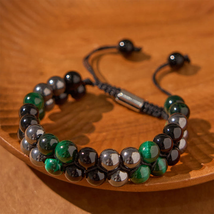 Buddha Stones Natural Green Tiger Eye Black Magnetite Black Obsidian Double Row Beads Positive Bracelet - image 1