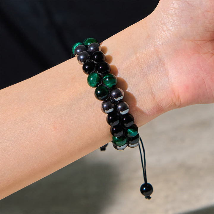 Buddha Stones Natural Green Tiger Eye Black Magnetite Black Obsidian Double Row Beads Positive Bracelet - image 4