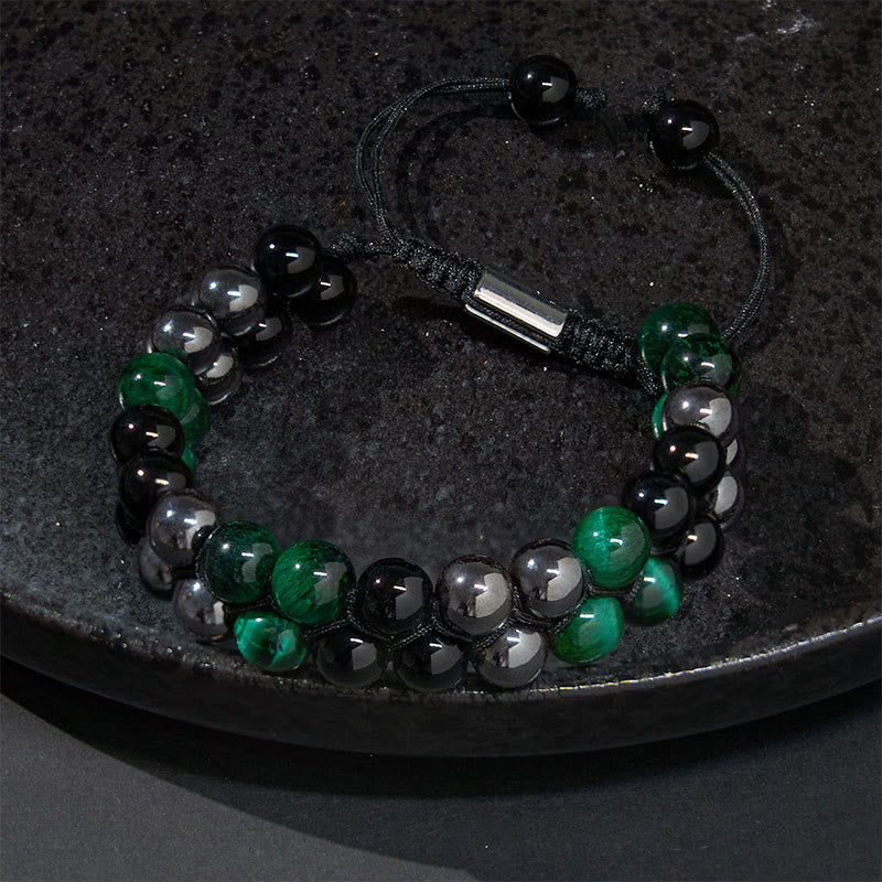 Buddha Stones Natural Green Tiger Eye Black Magnetite Black Obsidian Double Row Beads Positive Bracelet - image 2
