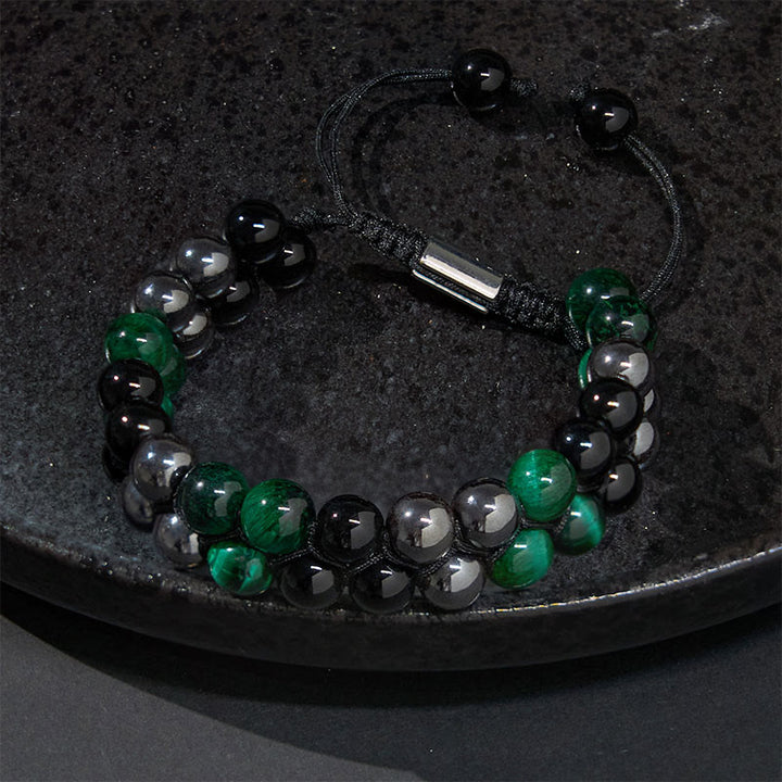 Buddha Stones Natural Green Tiger Eye Black Magnetite Black Obsidian Double Row Beads Positive Bracelet - image 2