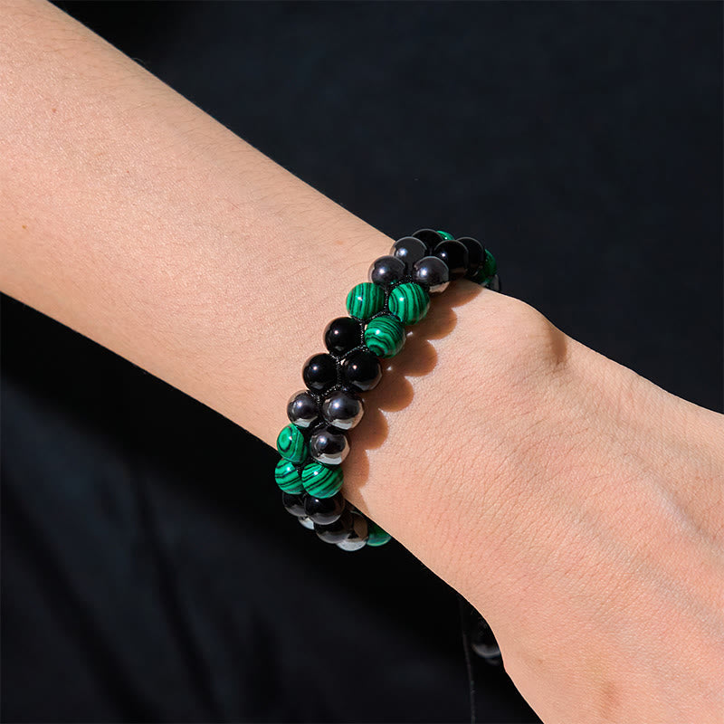 Buddha Stones Natural Malachite Black Magnetite Black Obsidian Double Row Beads Anti-Anxiety Bracelet - image 3