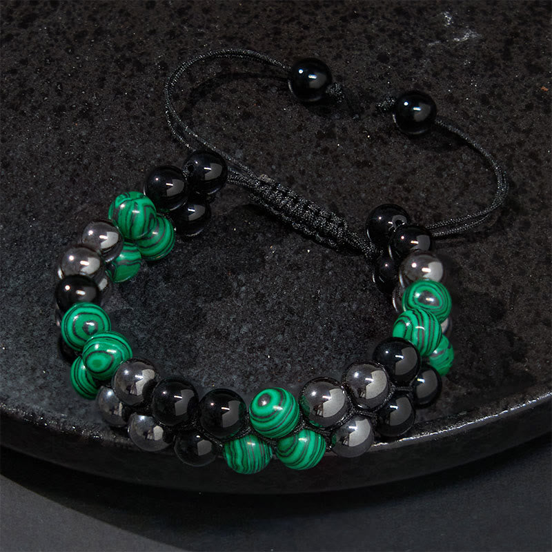 Buddha Stones Natural Malachite Black Magnetite Black Obsidian Double Row Beads Anti-Anxiety Bracelet - image 2