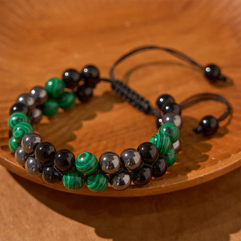 Buddha Stones Natural Malachite Black Magnetite Black Obsidian Double Row Beads Anti-Anxiety Bracelet - image 1