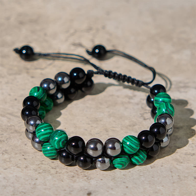 Buddha Stones Natural Malachite Black Magnetite Black Obsidian Double Row Beads Anti-Anxiety Bracelet - Malachite &Black Magnetite&Black Magnetite (Wrist Circumference: 16-24cm) - image 0