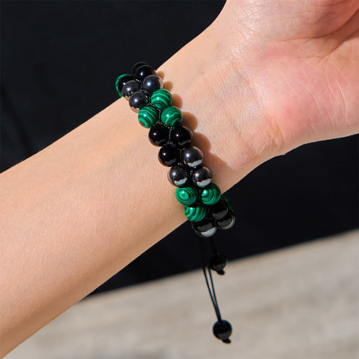 Buddha Stones Natural Malachite Black Magnetite Black Obsidian Double Row Beads Anti-Anxiety Bracelet - image 4
